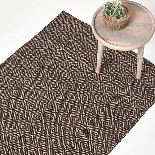 Homescapes Naturfaser-Teppich/Bettvorleger, 90 x 150 cm, 100% Jute-Teppich, mit geometrischem Rautenmuster, schwarz-beige