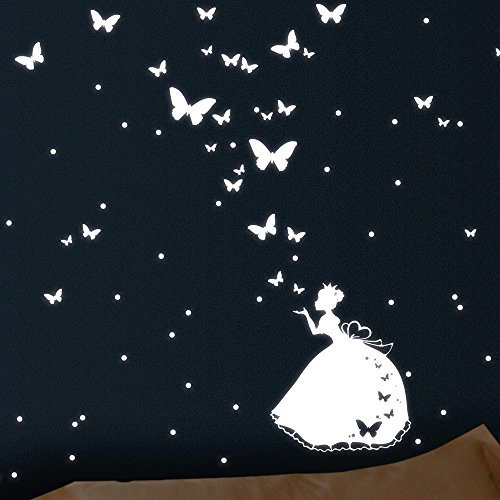 Wandtattoo Loft Leuchtsticker Kinderzimmer, Prinzessin mit Schmetterlingen und Punkten, 91 Stück, Selbstklebende und Fluoreszierende Aufkleber, Leuchtaufkleber Kinderzimmer, Leuchtende Aufkleber