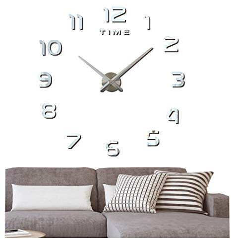 FAS1 Moderne DIY Große Wanduhr Big Armbanduhr Aufkleber 3D Aufkleber Spiegel Effekt Acryl Wanduhr Home Office Abnehmbarer Dekoration (Akku Nicht Enthalten) Silber