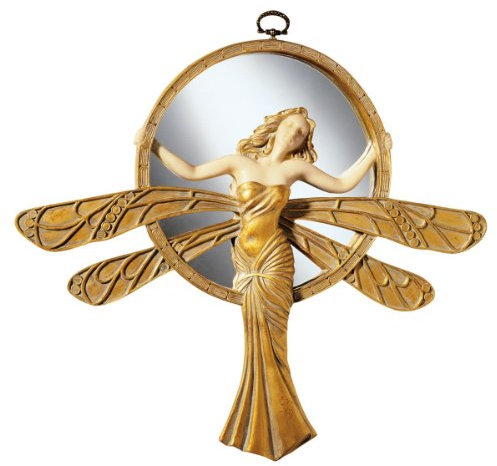 Design Toscano Dragonfly Art Deco Wall Mirror Sculpture, 33 cm, Polyresin, Gold and Ivory