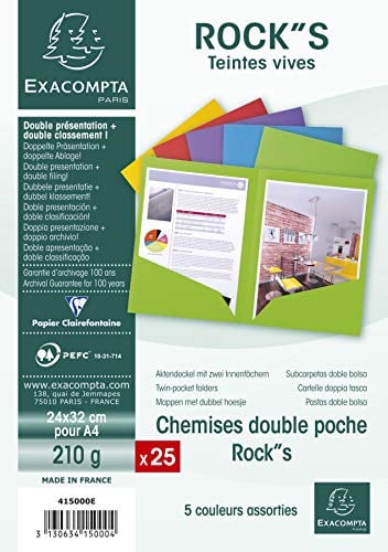 Exacompta 415000E 25er Pack Aktenmappen ROCKS mit 2 Innenfächern 210g für DIN A4 PEFC™-zertifizierte farbig sortiert Präsentationsmappe Sammelmappe Dokumentenmappe