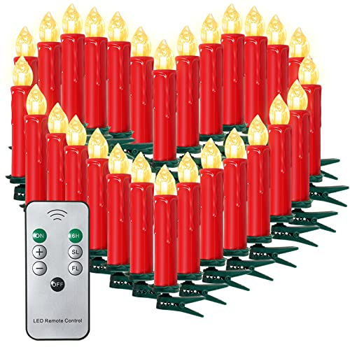 SunJas LED Velas de Navidad Set de 10/20/30/40 LED Velas de Árbol de Navidad con Control Remoto Infrarrojo Luces de Árbol de Navidad, Luces de Velas, Decoración de Navidad Jardín (30 Piezas, Rojo)