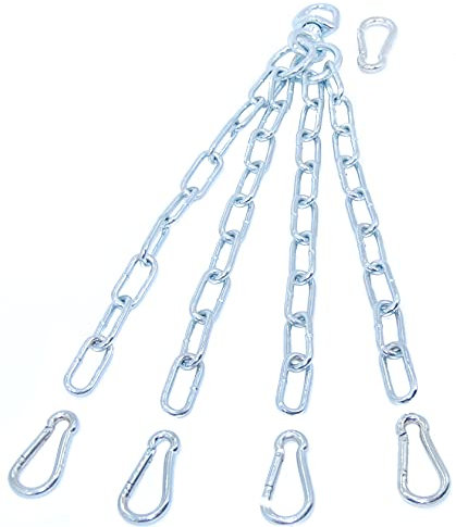 Kette für Boxsack/Sandsack. Die ideale Befestigung für den Sportraum Daheim, mit Drehwirbel, 4 mittleren und 1 großen Karabinerhaken zum schnellen Aufhängen an der Decke. Hochwertige Verarbeitung.