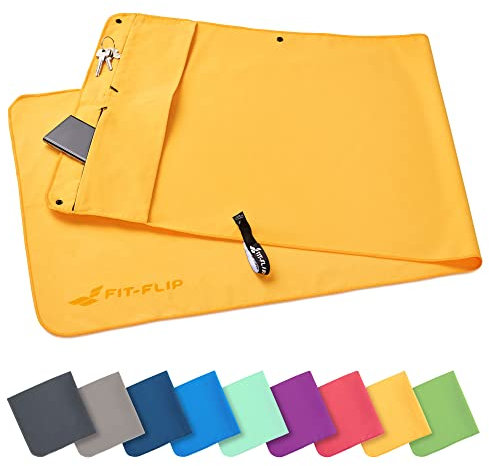 Fit-Flip Fitness Handtuch aus Mikrofaser - mit Magnet und Reißverschluss Tasche - Fitnesshandtuch für Sport und Gym - Kompakt & Schnelltrocknend - Sporthandtuch Fitnessstudio - Gelb - 130x48cm