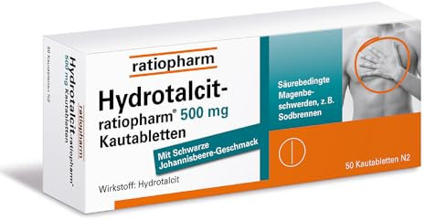 Hydrotalcit-ratiopharm 500 mg Kautabletten – Schnelle Linderung von säurebedingten Magenbeschwerden wie Sodbrennen, 50 Kautabletten