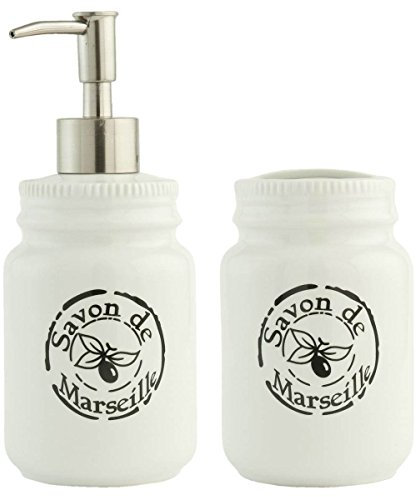 Clayre & Eef 62976 2-teil. Badezimmer- Set Keramik weiß Savon de Marseille Seifenspender und Becher