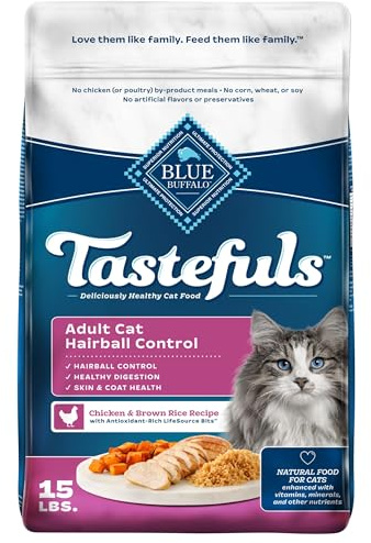 Blue Buffalo Tastefuls Natural Dry Food for Adult Cats, Hairball Control, Chicken & Brown Rice Recipe, 15-lb. Bag
