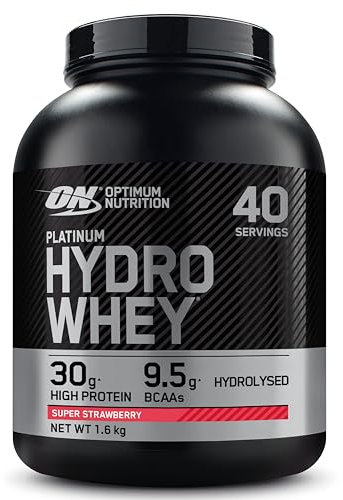 Optimum Nutrition Platinum Hydro Whey, Hydrolysiertes Molkenprotein-Isolat-Pulver mit essentiellen Aminosäuren, Glutamin und BCAA, Geschmack: Erdbeer, 40 Portionen, 1,6 kg
