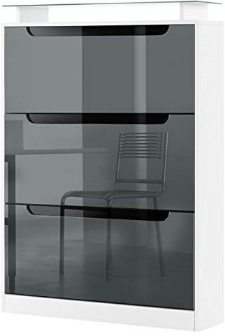 Vladon Schuhschrank Space, Made in Germany, Schuhkipper für 24 Paar Schuhe mit 3 Klappen und Glasablage, Weiß matt/Grau Hochglanz mit Absetzungen in Schwarz Hochglanz (89 x 128 x 23 cm)
