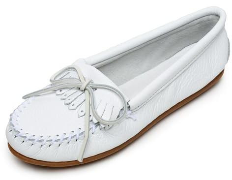 Minnetonka Women's Deerskin Kilty Moccasin, White Deerskin, 5.5 M US