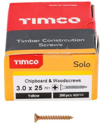 TIMCO Solo Chipboard & Woodscrews - Gold - 3.0 x 25 - Box of 200 - A single thread woodscrew mainly used in various types of timber and man-made boards or into masonry with the use of plastic plug
