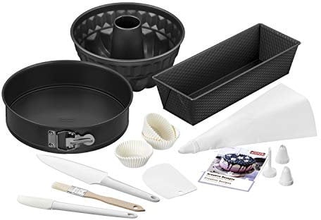 Original Kaiser Backformen Set 10-tlg, Springform, Kastenform, Gugelhupfform, Spritzbeutel, Tüllen, Papierförmchen, Teigspachtel, Pinsel, Kuchenmesser