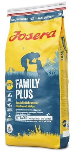 JOSERA Family Plus (15 kg) | Trockenfutter für Hunde zur Aufzucht | Mother & Puppy | Lachs & Reis | Optimale energiereiche Versorgung der Welpen mit Fettsäuren, Taurin & L-Carnitin | glutenfrei