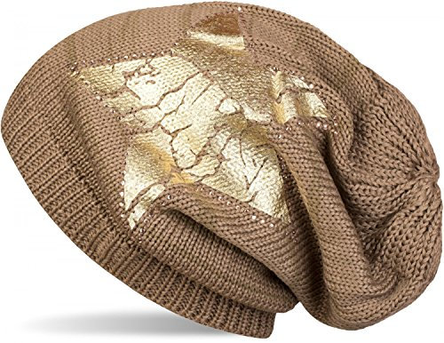styleBREAKER Strick Beanie Mütze mit Vintage Stern Print und Strass Rand, Strickmütze mit Streifen Muster, Unisex 04024083, Farbe:Braun/Gold