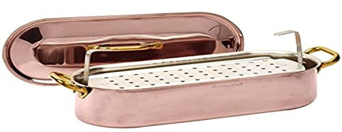 Pentole Agnelli ALCU11840 Boîte à poisson en cuivre étamé lisse avec couvercle et grille et deux poignées en laiton, 40x13 cm