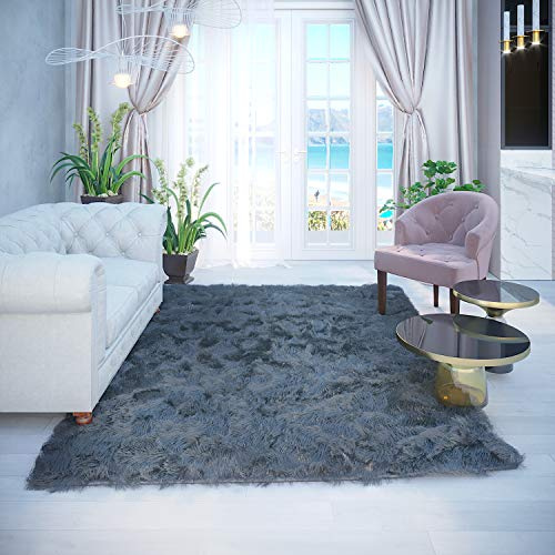 6x9 Feet Gray Grey Charcoal Color Solid Plush Pile Faux Fur Rug Sheepskin Area Rug Lambskin Carpet Fuzzy Furry Modern Contemporary Decorative Designer Indoor Bedroom Living Room Office Space Studio