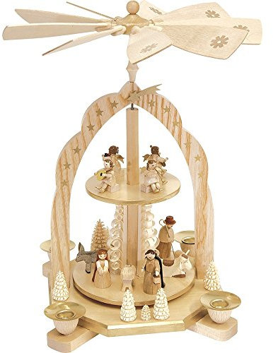 Richard Glässer Seiffen Weihnachtspyramide Christi Geburt, 2-stöckig, 31 cm hoch, natur, original Erzgebirge