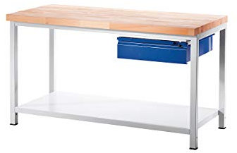 Werkbank, Gestellbauweise, 1 Schublade Größe L, 1 Ablageboden Stahlblech, Tiefe 700 mm, Breite 1500 mm.