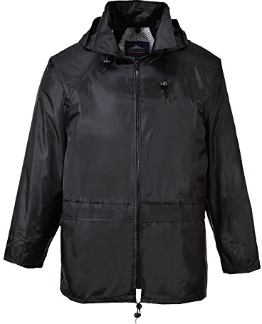 Portwest US440 Classic Waterproof Rain Jacket wth Pack Away Hood & Sealed Seams, Black, X Large