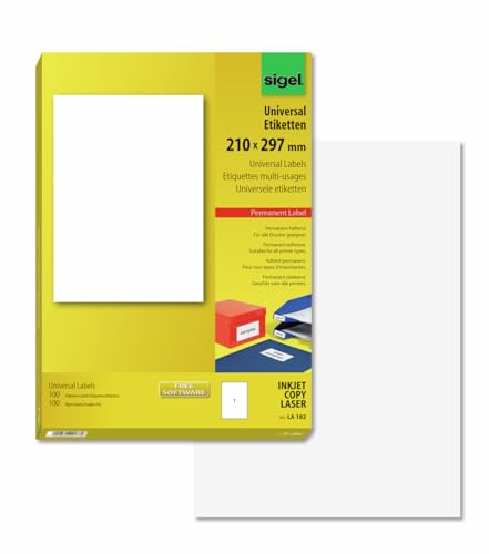 SIGEL Universal Etiketten A4 210 x 297 mm 100 Etiketten | LA182, Bedruckbar für Versand, Hinweise und Kennzeichnung