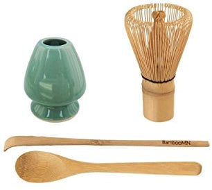 BambooMN Brand - Matcha Green Tea Whisk Set - Whisk + Scoop + Tea Spoon + Green Whisk Holder