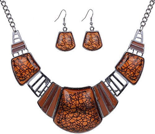 YAZILIND Jahrgang ethnischen tibetischen Silber Türkis Schellfisch -Kragen Ohrringe Halskette Schmuck-Set Frauen (Braun)