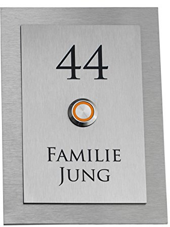 Edelstahl Klingelplatte Dakota XL Klingelschild mit LED Taster Orange) Gravur Klinge Türklingel