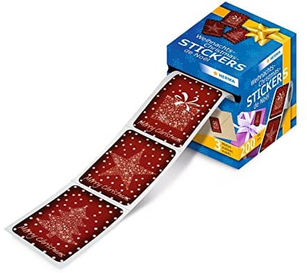 HERMA 15136 Weihnachtssticker, Merry Christmas (200 Aufkleber, Papier, in Spenderbox) selbstklebende Weihnachtsdeko, permanent haftende Etiketten für Weihnachten, Geschenke, Basteln, Adventskalender