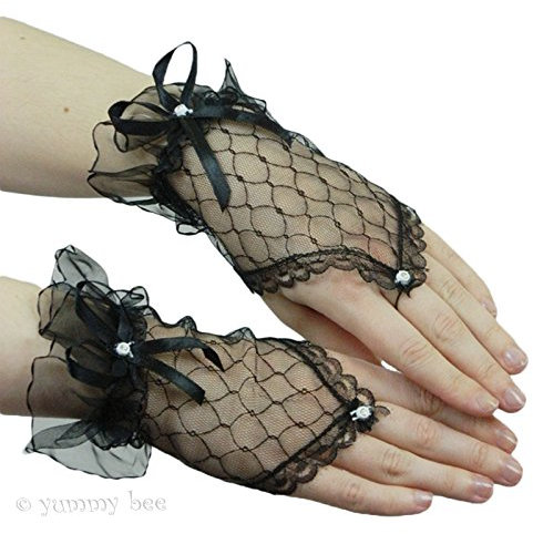 Yummy Bee - Fingerlose Handschuhe Kurz - Spitzenhandschuhe Schwarz Gothic Brautweiß Rot - Halloween Kostüm Damen (Schwarz)