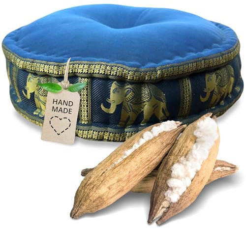 livasia Meditationskissen mit Thaiseide - Ø 45x15cm - Yogakissen mit Kapok, Pouf, Bodenkissen für Yoga und Zen Meditation, Sitzkissen für Garten und Balkon, Zafukissen (Hellblau/Elefanten Seide)