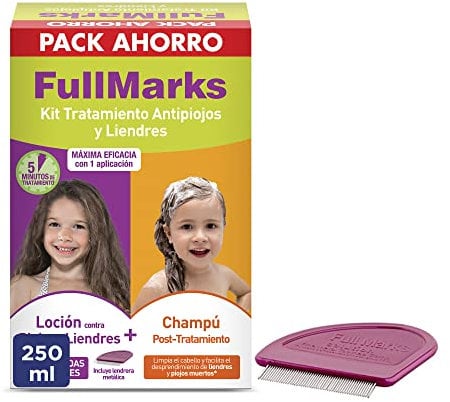 FullMarks Kit Tratamiento Antipiojos para Niños, Elimina los Piojos, Contiene Loción 100 ml, Champú Post-Tratamiento 150 ml y Lendrera Metálica