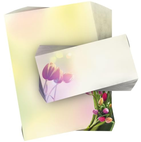 Motivpapier-Set | Tulpen im Sonnenlicht | 20 Blatt Briefpapier DIN A4 | 20 Kuverts DIN Lang | Schreib-Set | Briefpapier-Set