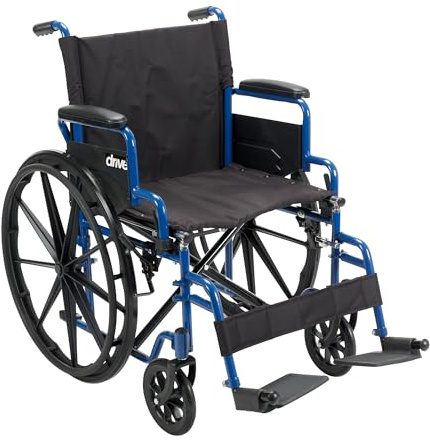 Drive Medical Blue Streak Lightweight Wheelchair - Portable Folding Mobility Aid - Swing-Away Footrests - Desk Arms - Durable Steel Frame - Easy Transport & Storage - 20-Inch Seat