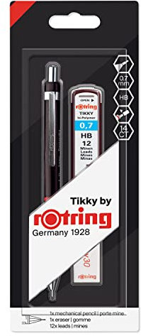 rOtring Tikky Mechanical Pencil Set | HB 0.7 mm | Black Barrel | Includes 12 Leads and Eraser
