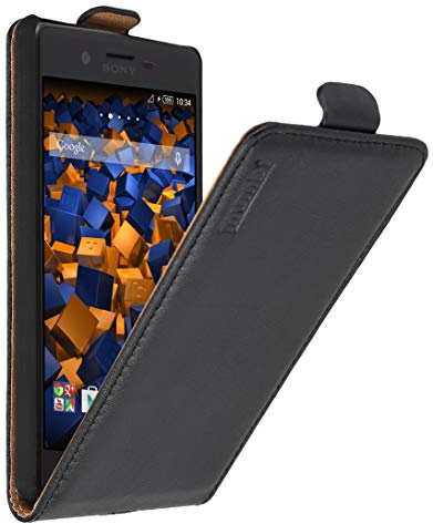 mumbi Echt Leder Flip Case kompatibel mit Sony Xperia X Hülle Leder Tasche Case Wallet, schwarz