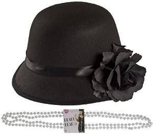 DAMEN BLUMENTOPF HÜTE= MIT + OHNE PERLEN KETTE=BEIGE +SCHWARZ = GROßE BLUME BEFESTIGT= HUT DURCHMESSER VON UNGEFÄHR 59/60cm = DIE PLASTIK PERLENKETTE HAT DEN UMFANG VON UNGEFÄHR 178cm = 24 SCHWARZE HÜTE MIT KETTE