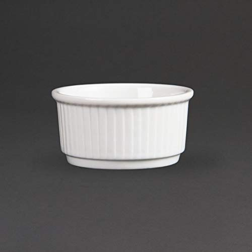 Olympia Whiteware Stacking Ramekins Porcelain 85mm, White, Pack of 12 | Strengthened rolled edges prevent chipping in busy hotelware setups; fully vitrified to maximize heat and shock resistance.
