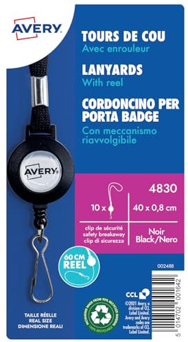 Avery - Porte badge tour de ou avec Enrouleur (Lot de 10) - Noir - 40cm x 1cm - Porte-Badge à Mousqueton Métal