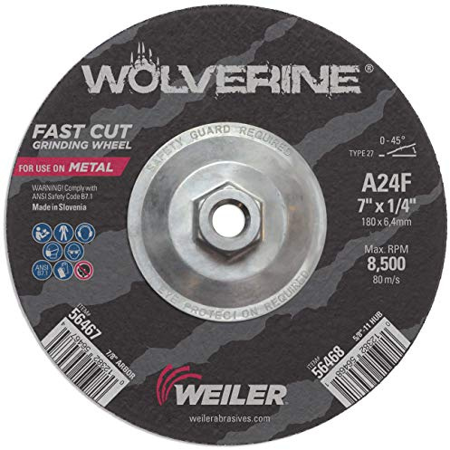Weiler 56468 Wolverine 5/8 11 Arbor, 1/4 Thickness, 7 Diameter, A24R Grit, Type 27 Grinding Wheel