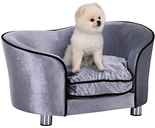 PawHut Canapé Chien Chat sur Pied Style Contemporain lit Animaux avec accoudoir Dossier Coussin Amovible Grand Confort + Poche Rangement revêtement Peluche Courte 69 x 49 x 38 cm Gris