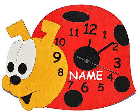 alles-meine.de GmbH Marienkäfer - Wanduhr - lautlos - incl. Name - Uhr aus Holz - Kinderuhr Uhren Quarz - für Jungen Mädchen Kinder/Kinderzimmer - Käfer Punkte Glückskäfer