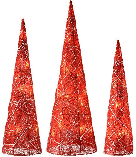 WeRChristmas Pre-Lit Sisal LED Tree Cones Woven Silver Glitter String, 41/51/61 cm - Red, Set of 3