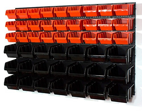 27 orange M size and 21 black L size storage bins with wall mounted panel