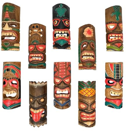 Set mit 10 handgeschnitzten Tiki-Masken – 30,5 cm polynesische Holz-Wanddekoration, handgefertigt von indonesischen Meistern, lebendige Inselfarben, vielseitige Hängemöglichkeiten, einzigartige