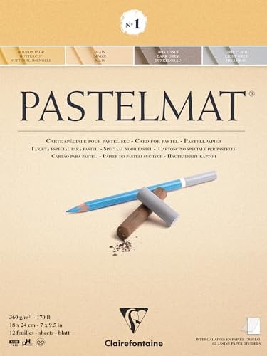 Clairefontaine 96016C Zeichenblock Pastelmat (12 Blatt, 18 x 24 cm, 360 g, mit 4 transparenten Trennblätternmit, Spezielkarton ideal fur Pastell und Kreide) hellgelb, gelb, dunkelgrau und hellgrau