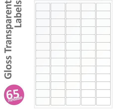 Label Planet® 65 Per Page/Sheet 5 Sheets (325 Transparent Sticky Labels) Clear Polyester Blank A4 Gloss Waterproof Printable Stickers, for Laser Printer, 38.1 x 21.2 MM UK LP65/38 GTP