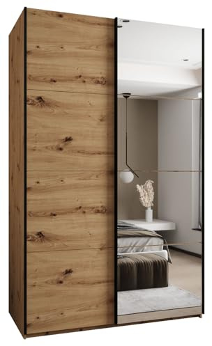 ABIKSMEBLE LUX 3 Élégante Armoire à 2 Portes Coulissantes avec Miroir sur la Porte - Fermeture Silencieuse - Système HETTICH Topline L - 245,5x160x64cm - Artisan, Artisan, Noir