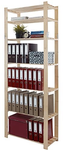 MODO24 Holzregal, 7 Regalböden, Eckregal, Standregal, Kellerregal, Lagerregal, Bücherregal, Wandregal, Büroregal, für Wohnzimmer, Küche, Keller, Garage, Abmessungen 220x80x38 cm, Farbe: Naturholz