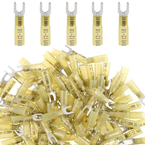 Glarks 50pcs 12-10 Gauge #10 Heat Shrink Fork Connectors Electrical Insulated Fork Crimp Terminals Connectors Assortment Kit (Yellow)
