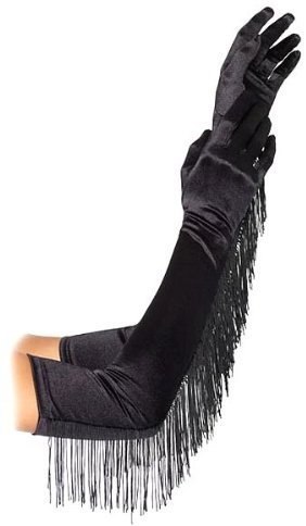 bunny-shop Ca. 53cm über Ellenbogen lange Schwarze Finger Satin Oper Handschuhe mit Fransen